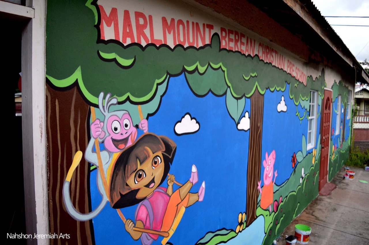 Colourful cartoon mural for a school